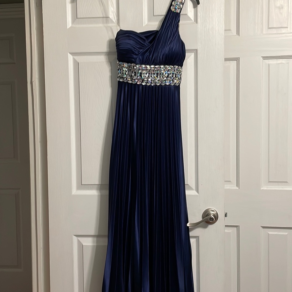 Navy, long satin dress. Worn once. Great for formal occasion or wedding guest.